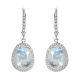 Small Organic Shape Rainbow Moonstone and Diamond Drop Earrings