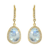 Small Organic Shape Rainbow Moonstone and Diamond Drop Earrings