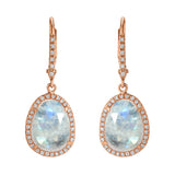 Small Organic Shape Rainbow Moonstone and Diamond Drop Earrings