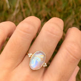Elongated Rainbow Moonstone Ring with Diamonds