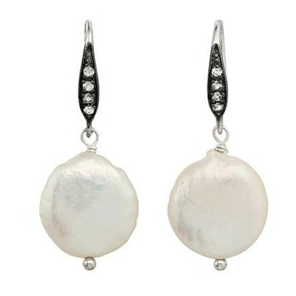 White Coin Pearl & Sapphire Drop Earrings