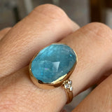 Aquamarine Checkerboard Ring with Diamond clusters in 14k gold