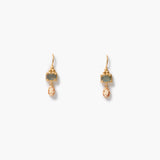 A pair of gold drop earrings featuring rectangular labradorite gemstones and teardrop-shaped peach-pink cameos with woman's face on each one, displayed on a clean white background.