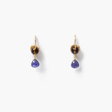 A pair of gold drop earrings featuring a round smokey quartz stone and a faceted iolite dangle, shown on a clean white background.