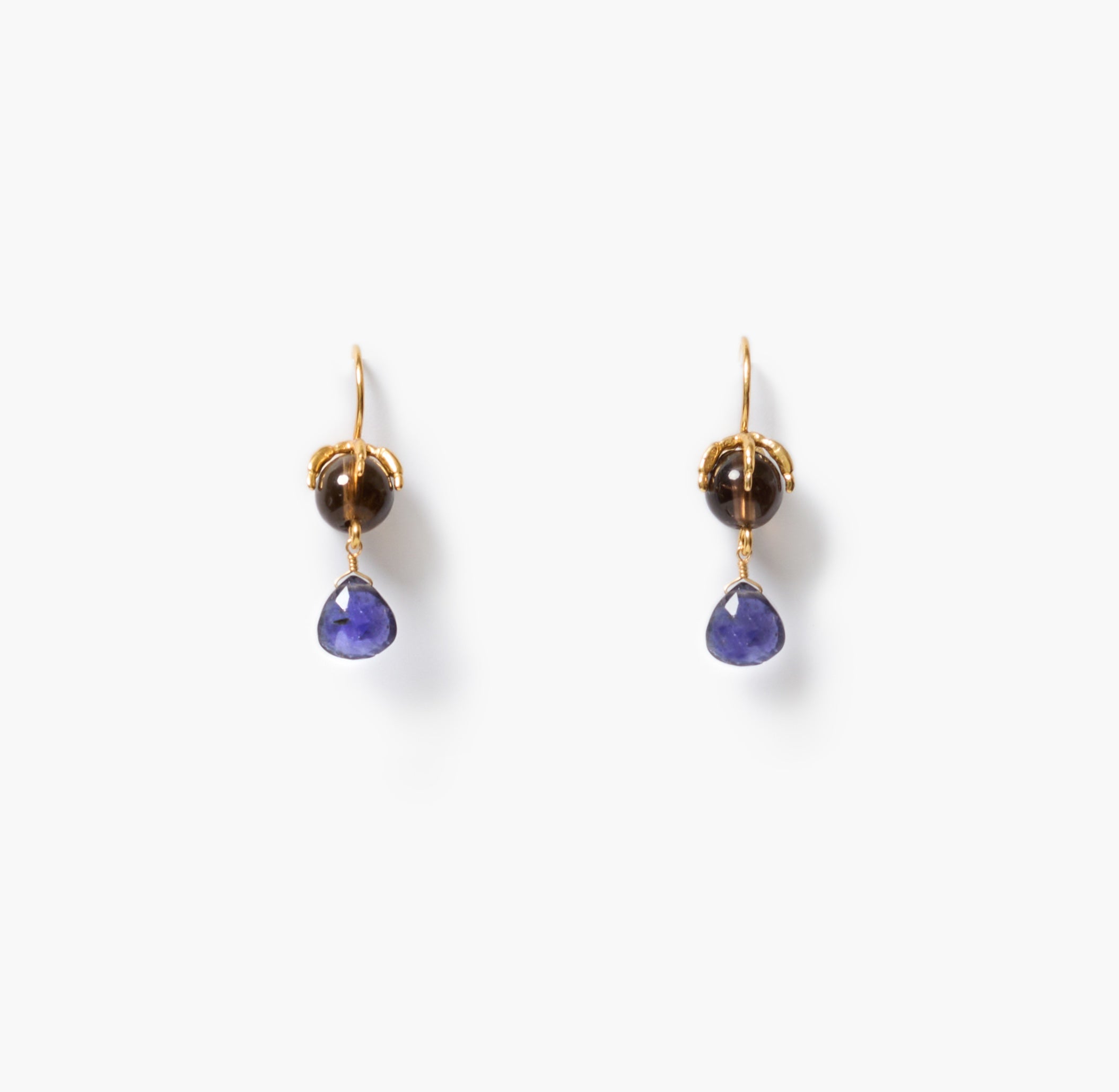 A pair of gold drop earrings featuring a round smokey quartz stone and a faceted iolite dangle, shown on a clean white background.