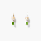 A pair of gold-tone dangle earrings featuring a white pearl and a peridot charm, displayed on a clean white background.