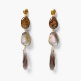A pair of dangle earrings featuring textured brown stone, iridescent abalone beads, and faceted smoky brown teardrops on gold-toned posts, set against a clean white background.