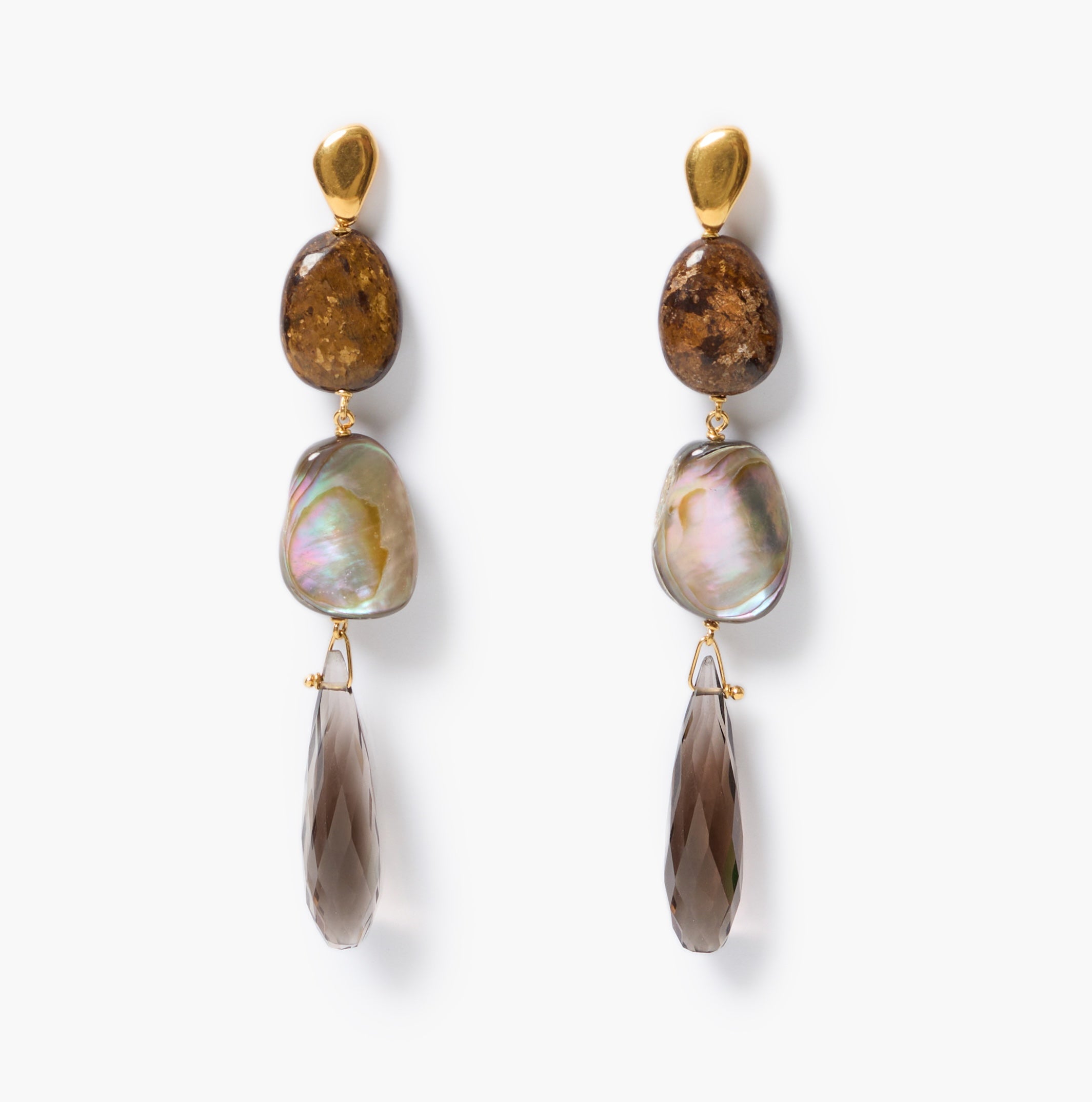 A pair of dangle earrings featuring textured brown stone, iridescent abalone beads, and faceted smoky brown teardrops on gold-toned posts, set against a clean white background.