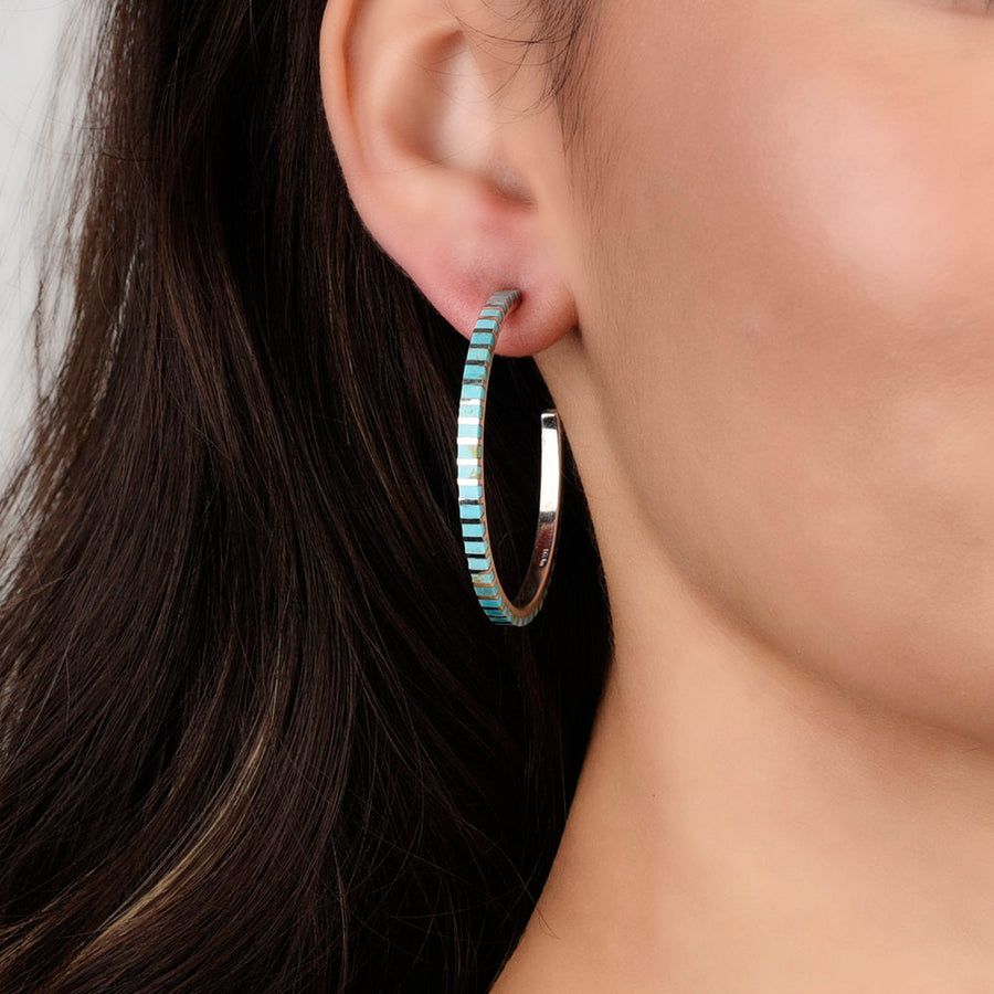 Inlay Turquoise Hoop Earrings (1 5/8")