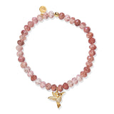 Strawberry quartz elastic bracelet with CZ hummingbird (DISC)