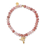 Strawberry quartz elastic bracelet with CZ hummingbird