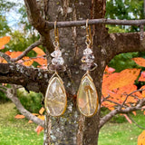 Gold Plated Sterling Rutilated Quartz Teardrop and Herkimer Diamond Earrings