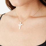 14K White Baroque Pearl Cross and Champagne Diamond Necklace