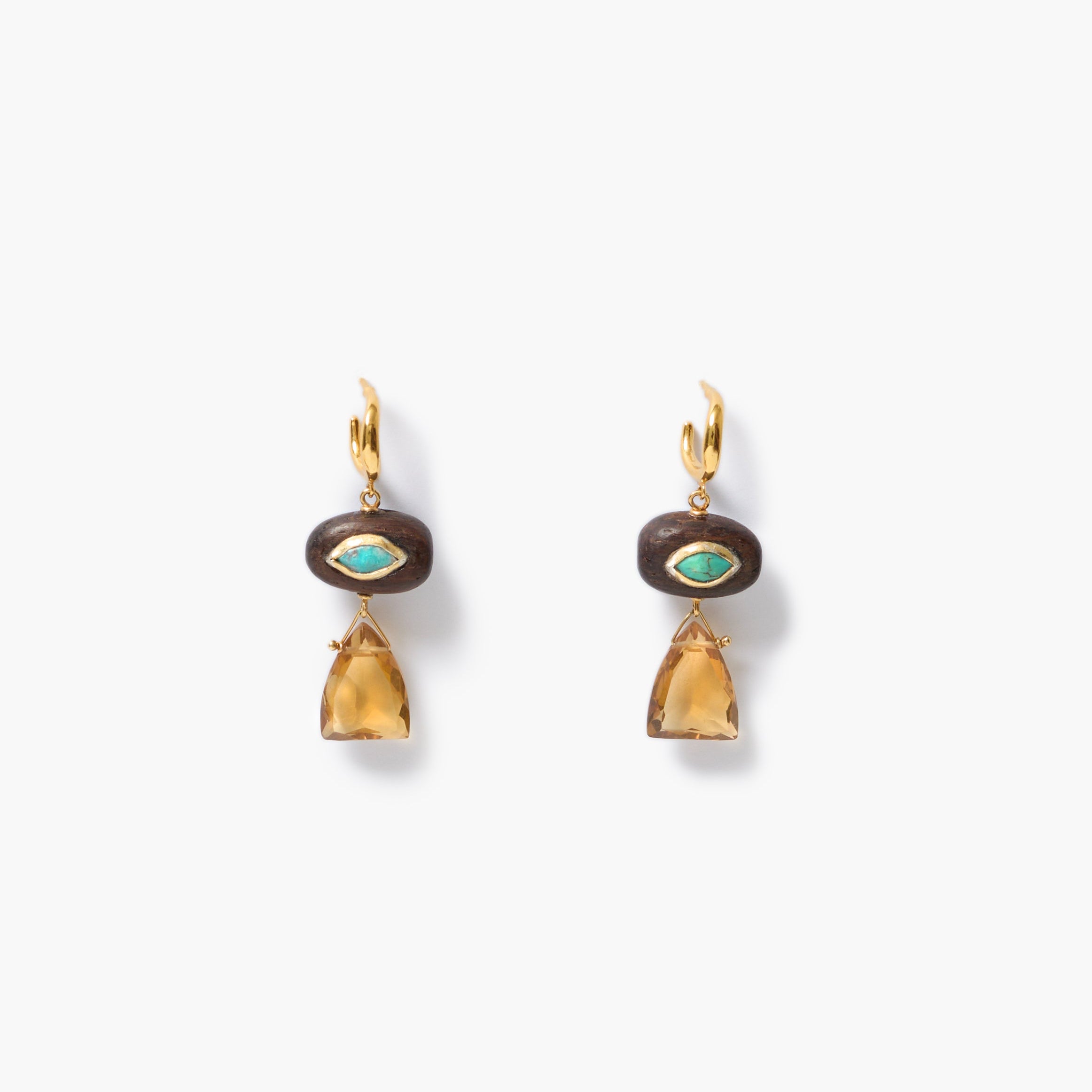 A pair of gold tone and dark brown drop earrings with small turquoise inlay and pyramid-shaped citrine stones, shown on a clean white background.