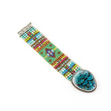 Large Bezel Turquoise with Wide Hand Beaded Bracelet