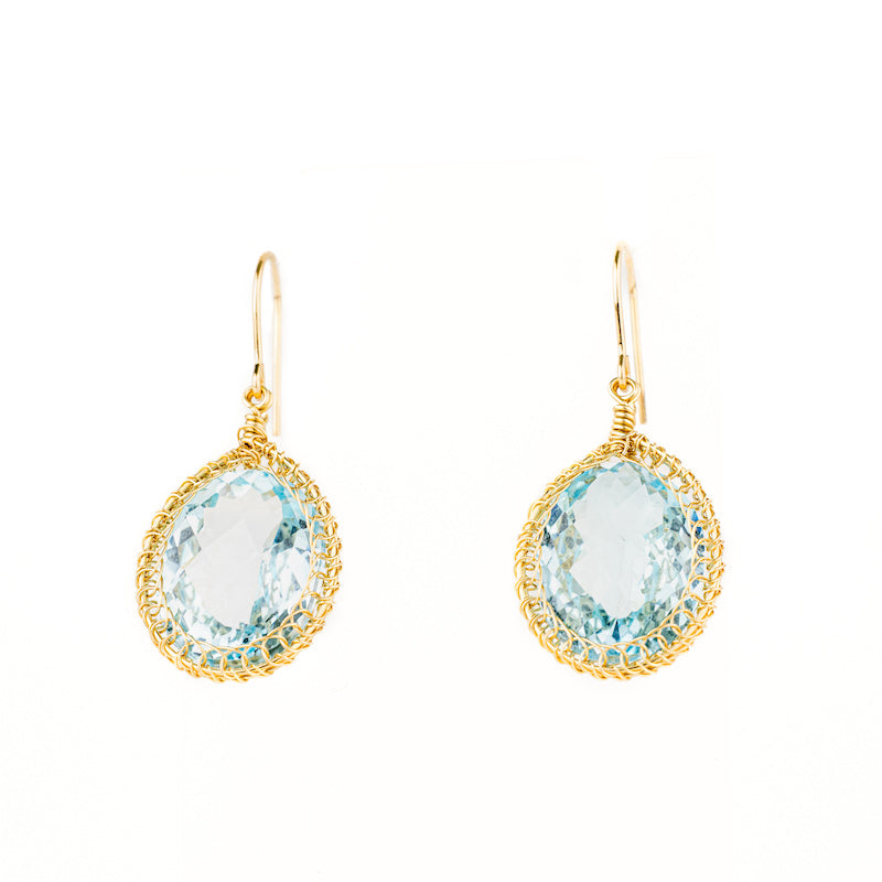 Woven Gold Fill Wire Wrapped Blue Topaz Earrings