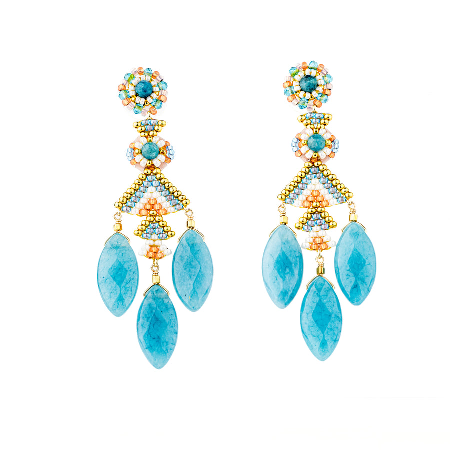 Beaded Earrings with 3 Blue Quartz Drops