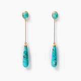 A pair of gold drop earrings featuring bezeled oval turquoise cabochon studs connected by delicate gold chains to teardrop-shaped turquoise pendants, shown on a clean white background.