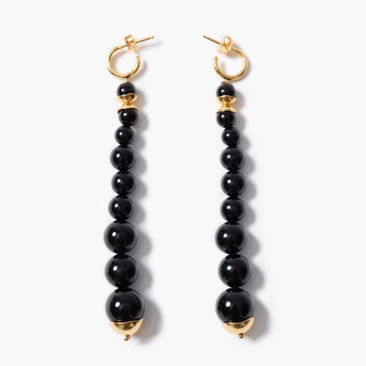 Pair of black onyx beaded earrings with gold accents on a white background