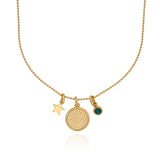 Malachite, star, and dotted disc charm necklace