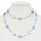 Aquamarine & Freshwater White Coin Pearl Long Necklace