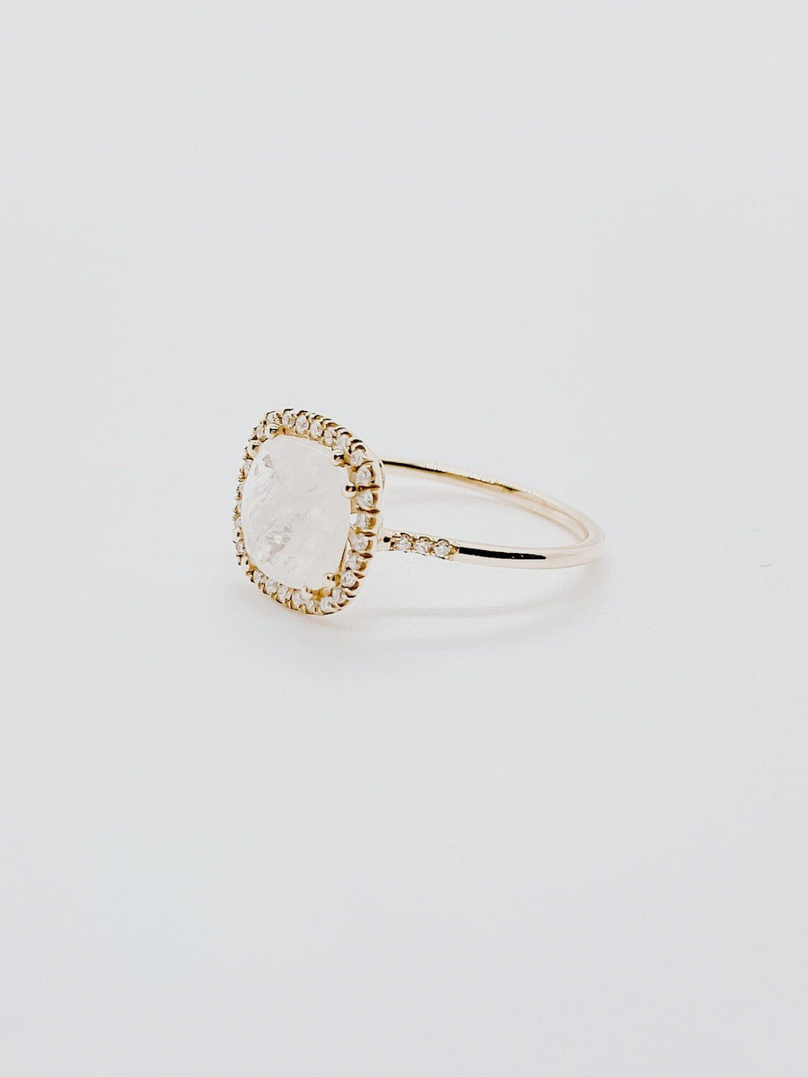 Rainbow Moonstone 8mm Diamond Bezel Cushion Ring