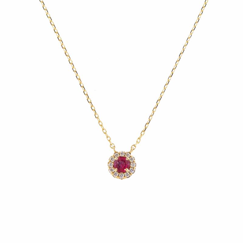 18K Ruby Mini Circle Necklace with Pave Halo