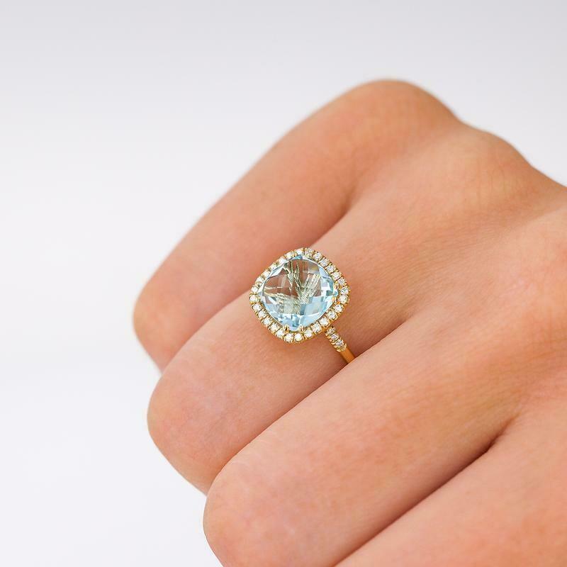 Blue Topaz 8mm Diamond Bezel Cushion Ring