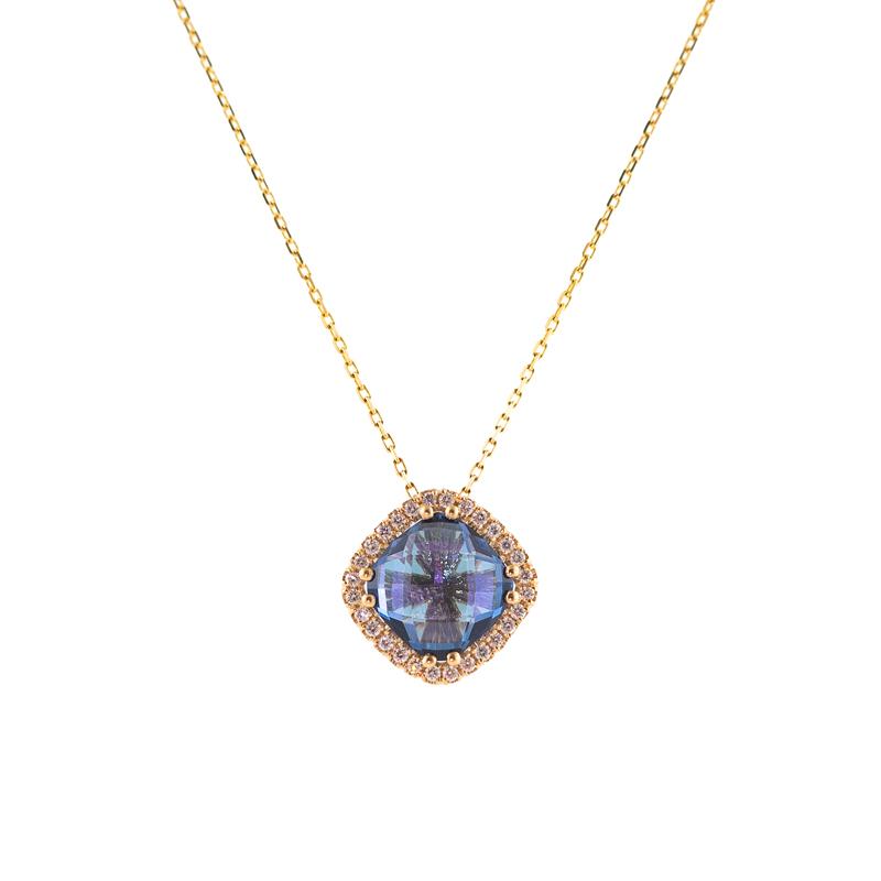 English Blue Topaz Cushion Diamond Necklace