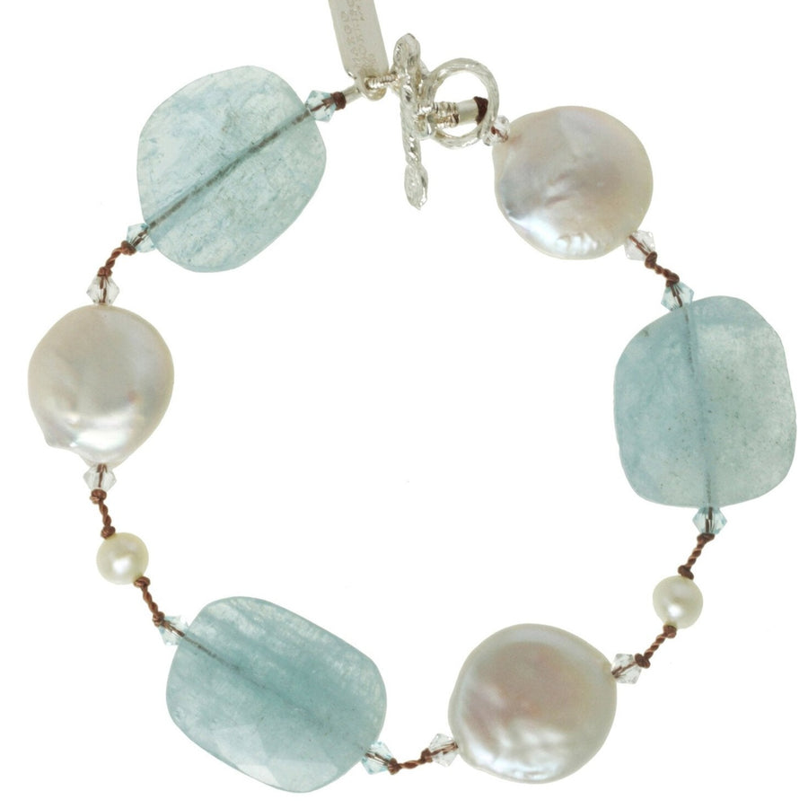 Aquamarine & Freshwater White Coin Pearl Bracelet