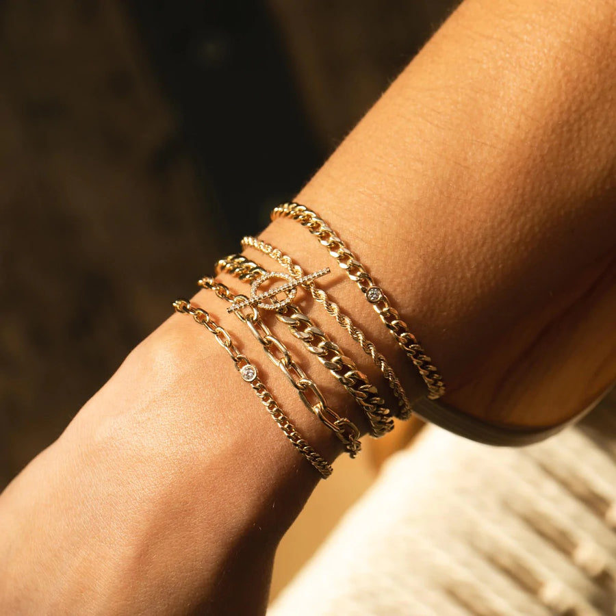 Floating Diamond Mixed Small Curb Chain and Medium Square Oval Chain Bracelet