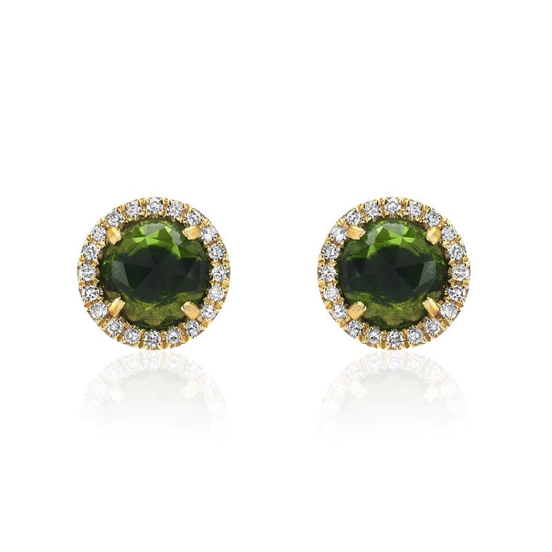 5.0mm Rose Cut Chrome Diopside Center with Diamond Halo Post Earrings