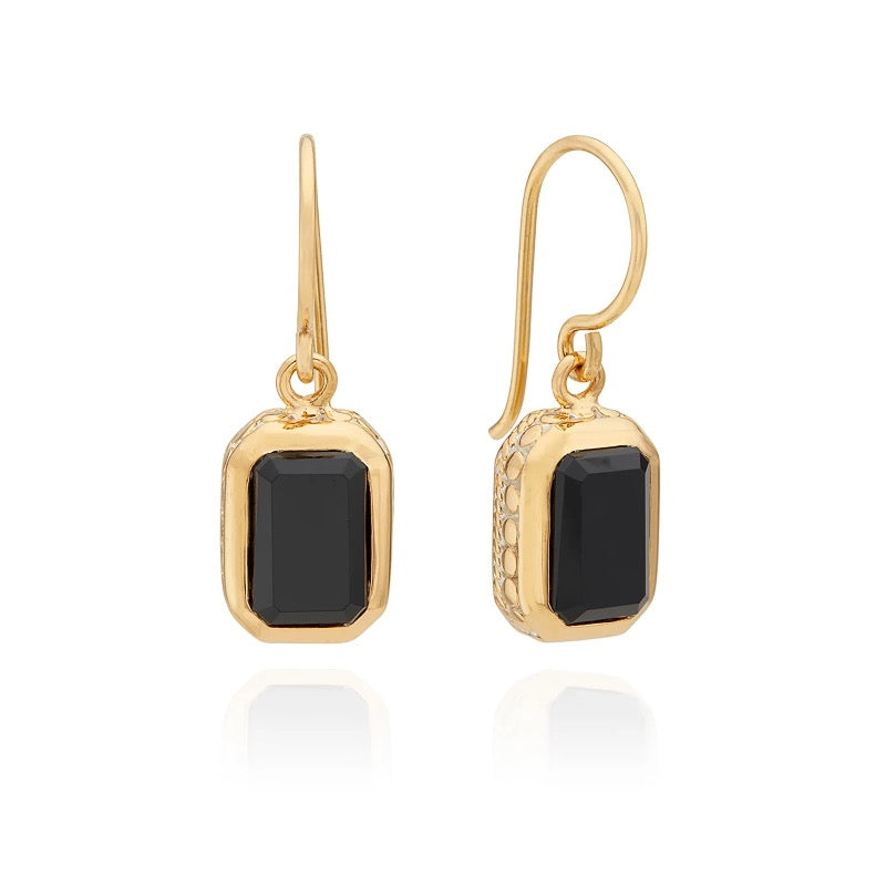 Black Onyx Rectangle Drop Earrings - Gold