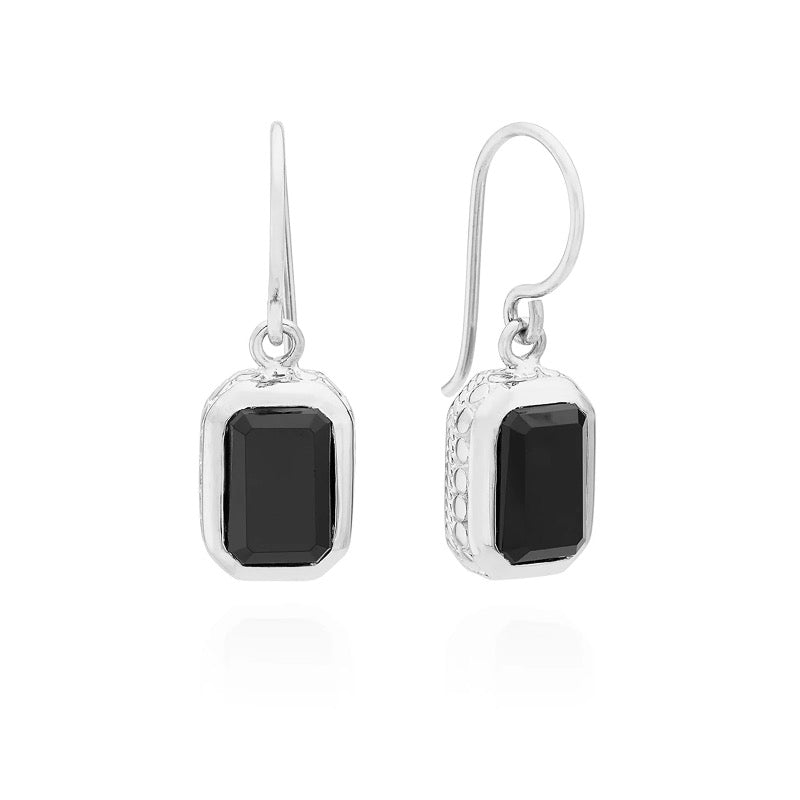 Black Onyx Rectangle Drop Earrings - Silver