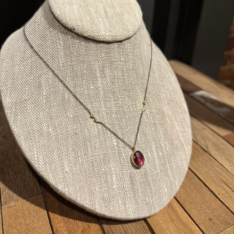 Oval Faceted Rhodolite Garnet Necklace with Gold Branches