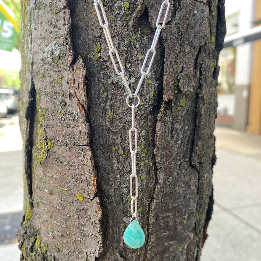 Large Paperclip Chain Lariat Amazonite Necklace