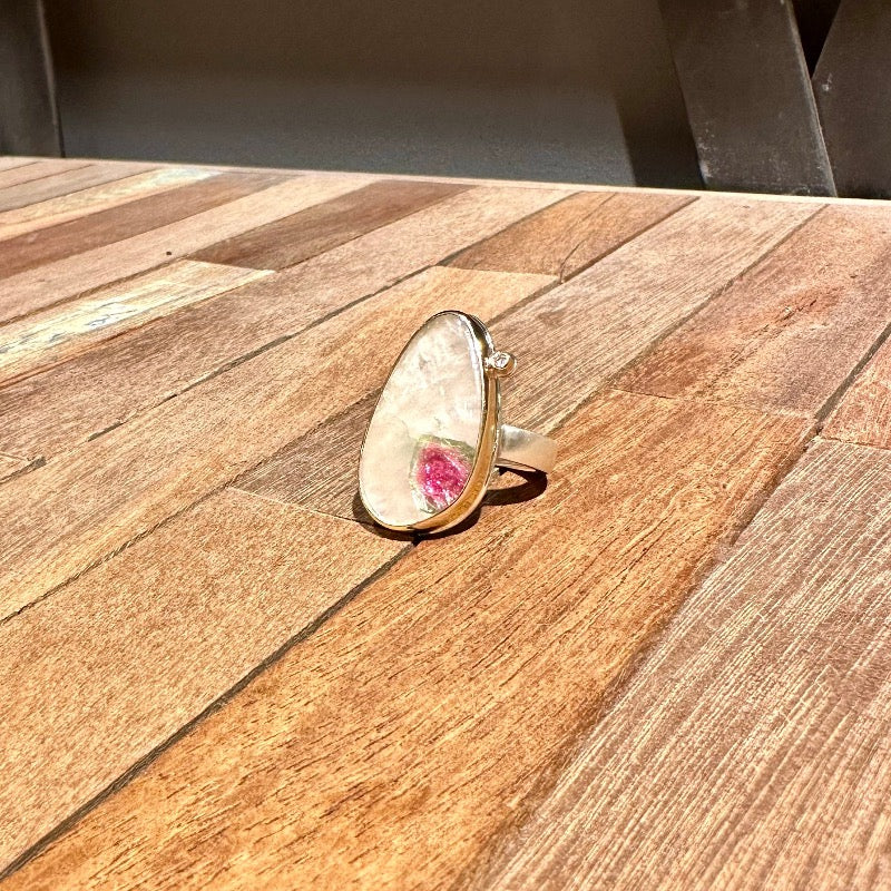 Watermelon Tourmaline Ring with Satellite Diamond