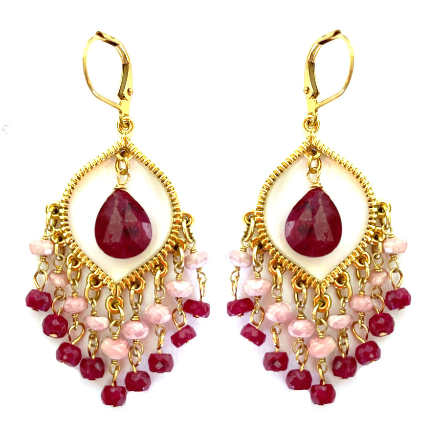 Ruby Quartz and Pink Opal Chandelier Earrings