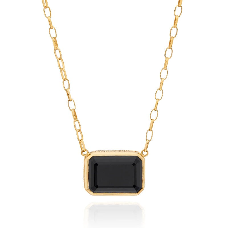 Large Black Onyx Rectangle Necklace - Gold