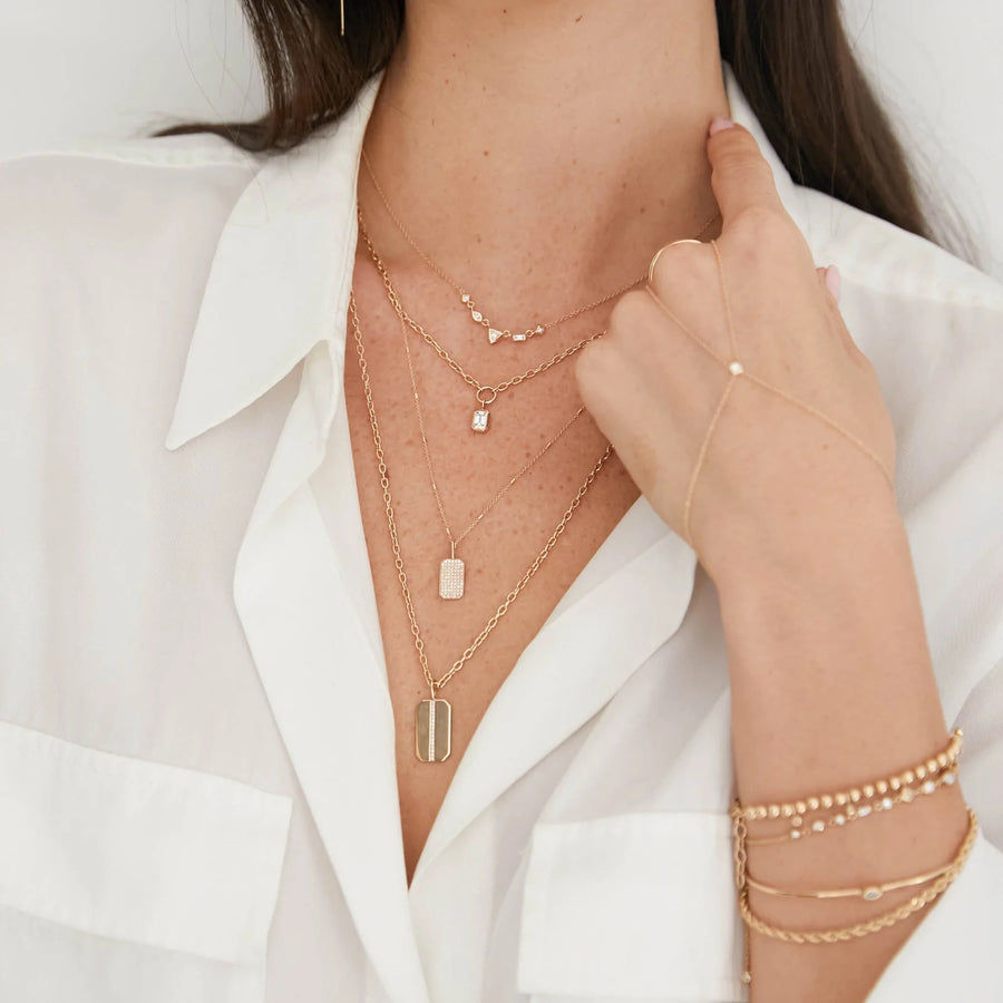 Small Full Pave Diamond Square Edge Dog Tag Tiny Bar Chain Necklace