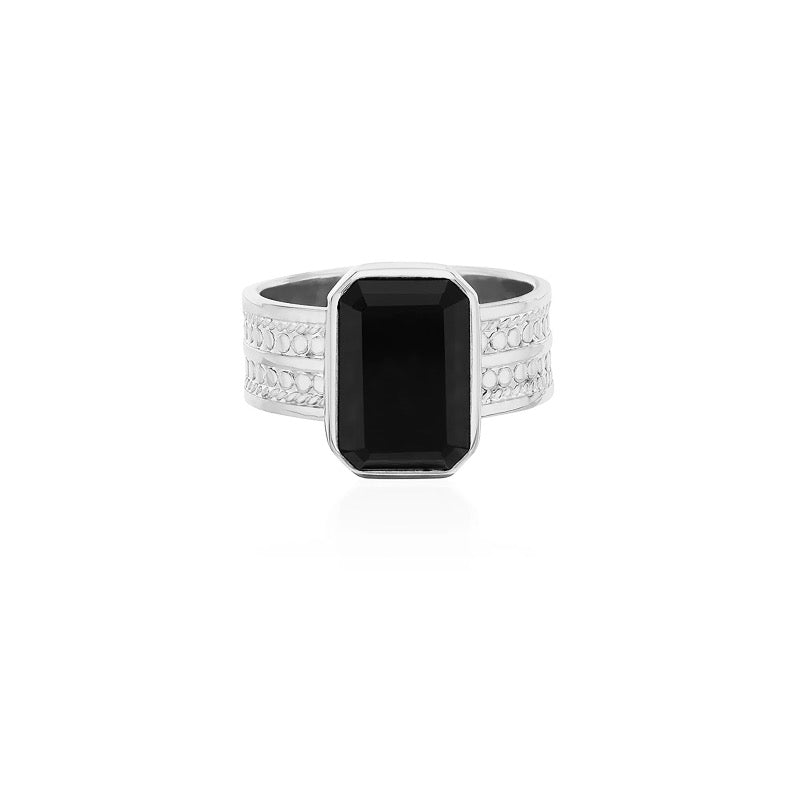 Large Black Onyx Rectangle Ring - Silver