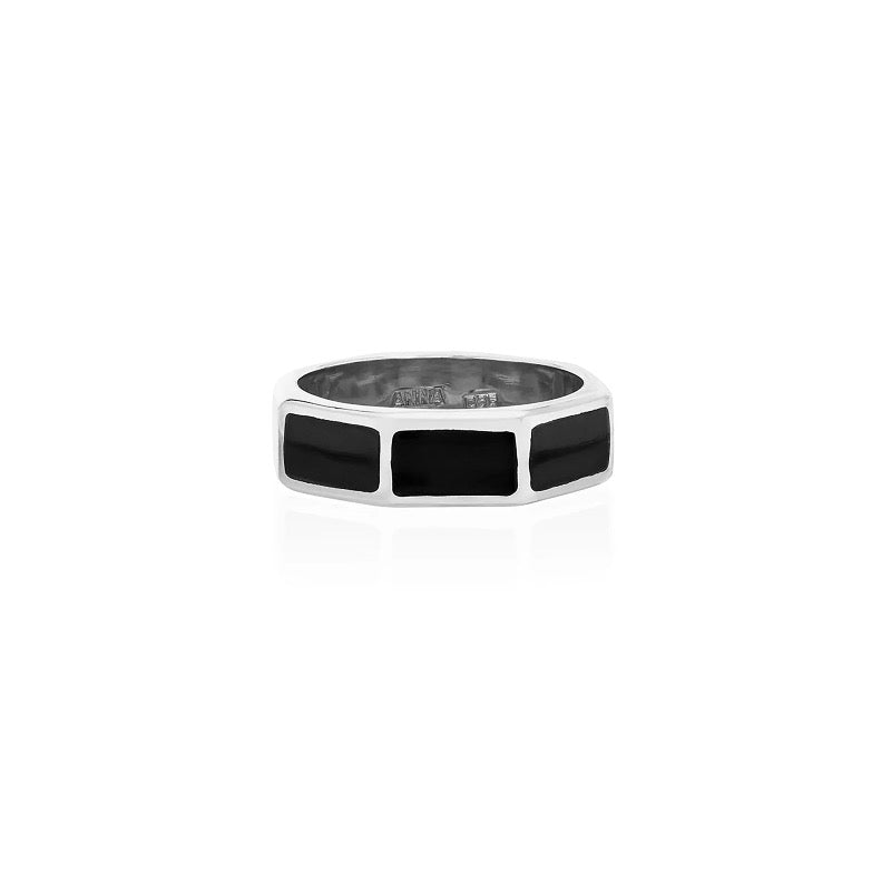 Black Onyx Inlay Band Ring - Silver