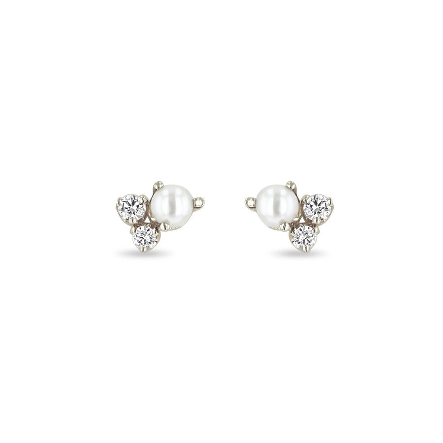 Mixed Prong Diamond and Pearl Cluster Stud Earrings