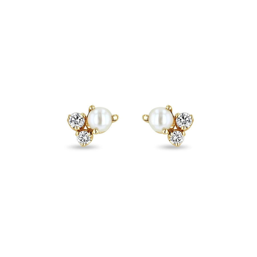 Mixed Prong Diamond and Pearl Cluster Stud Earrings