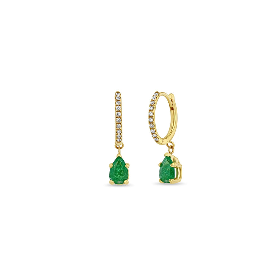 Small Pave Diamond Hinge Huggie Hoops with Pear Emeralds