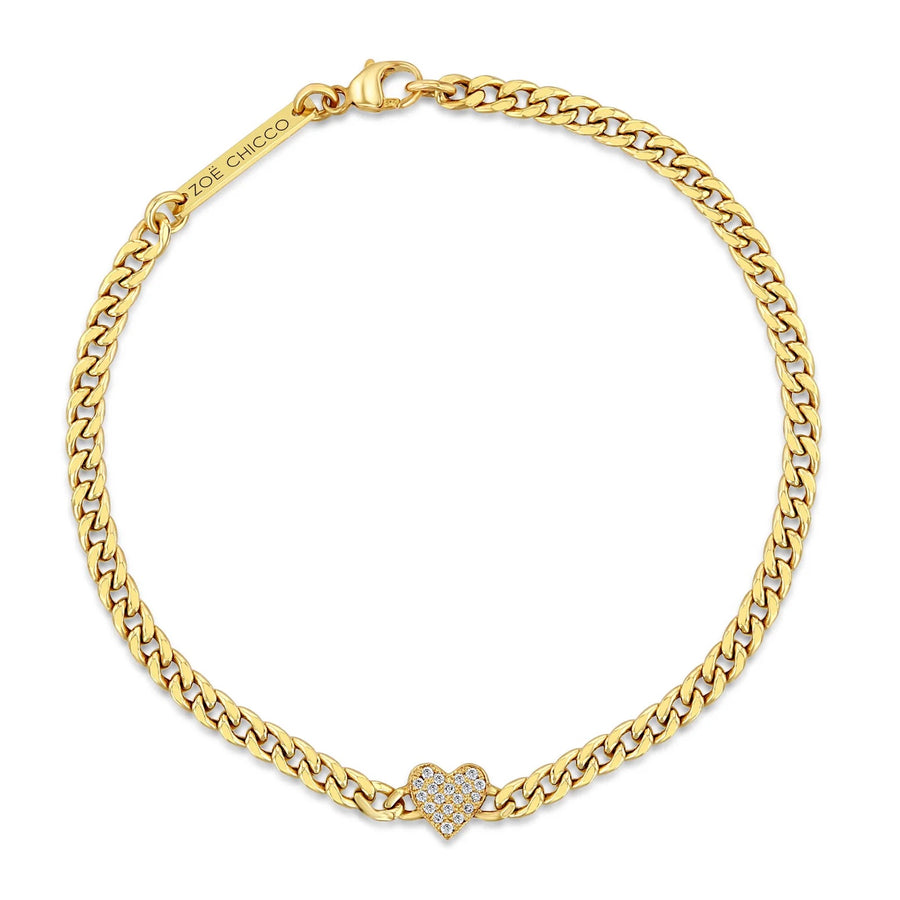 Midi Bitty Pave Diamond Heart Small Curb Chain Bracelet