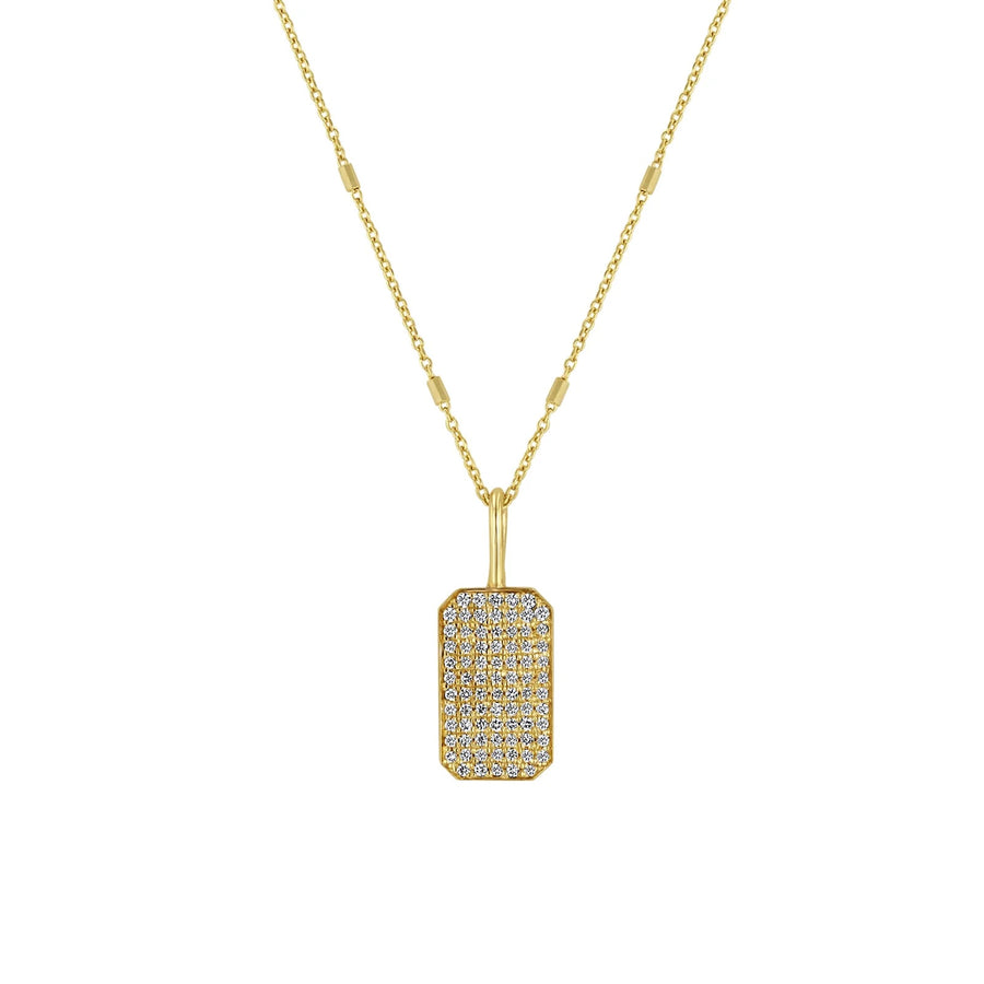 Small Full Pave Diamond Square Edge Dog Tag Tiny Bar Chain Necklace