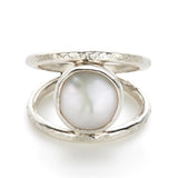 Oxidized Bezel Set Double Band Freshwater Coin Pearl Ring