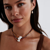 Iris Blue Leather Necklace with Pearl