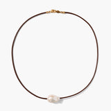 Brown Leather Necklace with Pearl